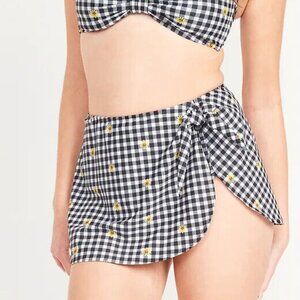 NWT Old Navy Wrap-Front Side-Tie Sarong Swim Skirt Black White Gingham Women